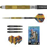 Flat lay of Peter Wright gold tungsten darts set with close-up barrel grip, extra shafts, Snakebite flights, and display box packaging.