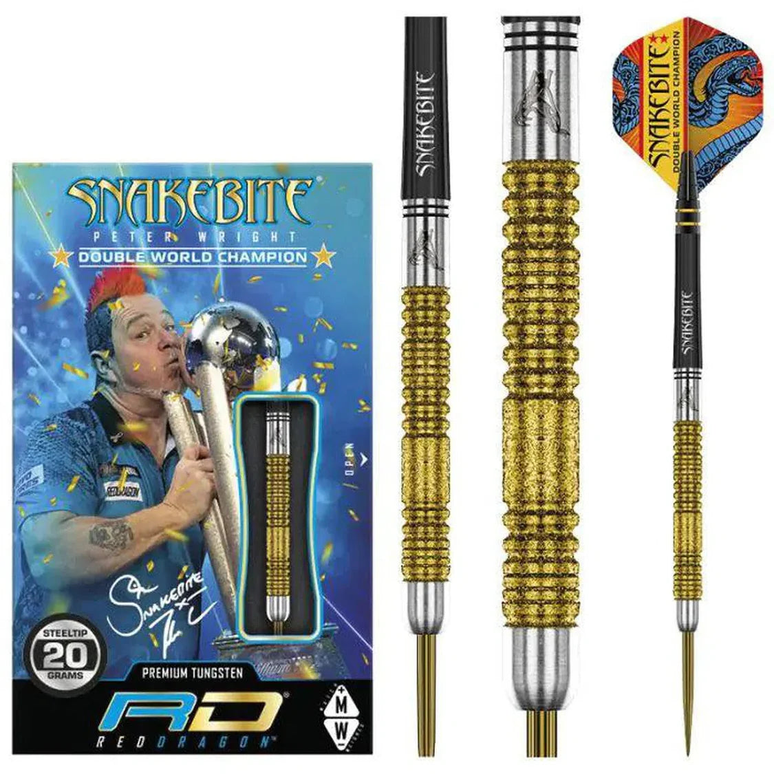 Full set of Peter Wright gold tungsten darts with detailed grip, included packaging, and vibrant snake-themed flights on white background