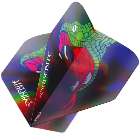 Angled close-up of dart flight with holographic snakebite graphic, vibrant rainbow effect, isolated on white, highlighting flight design.