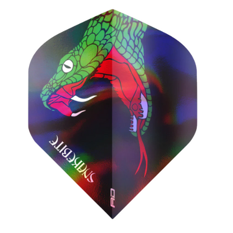 holographic Peter Wright No.2 dart flight angled view, snake graphic and vibrant reflective finish, isolated on white