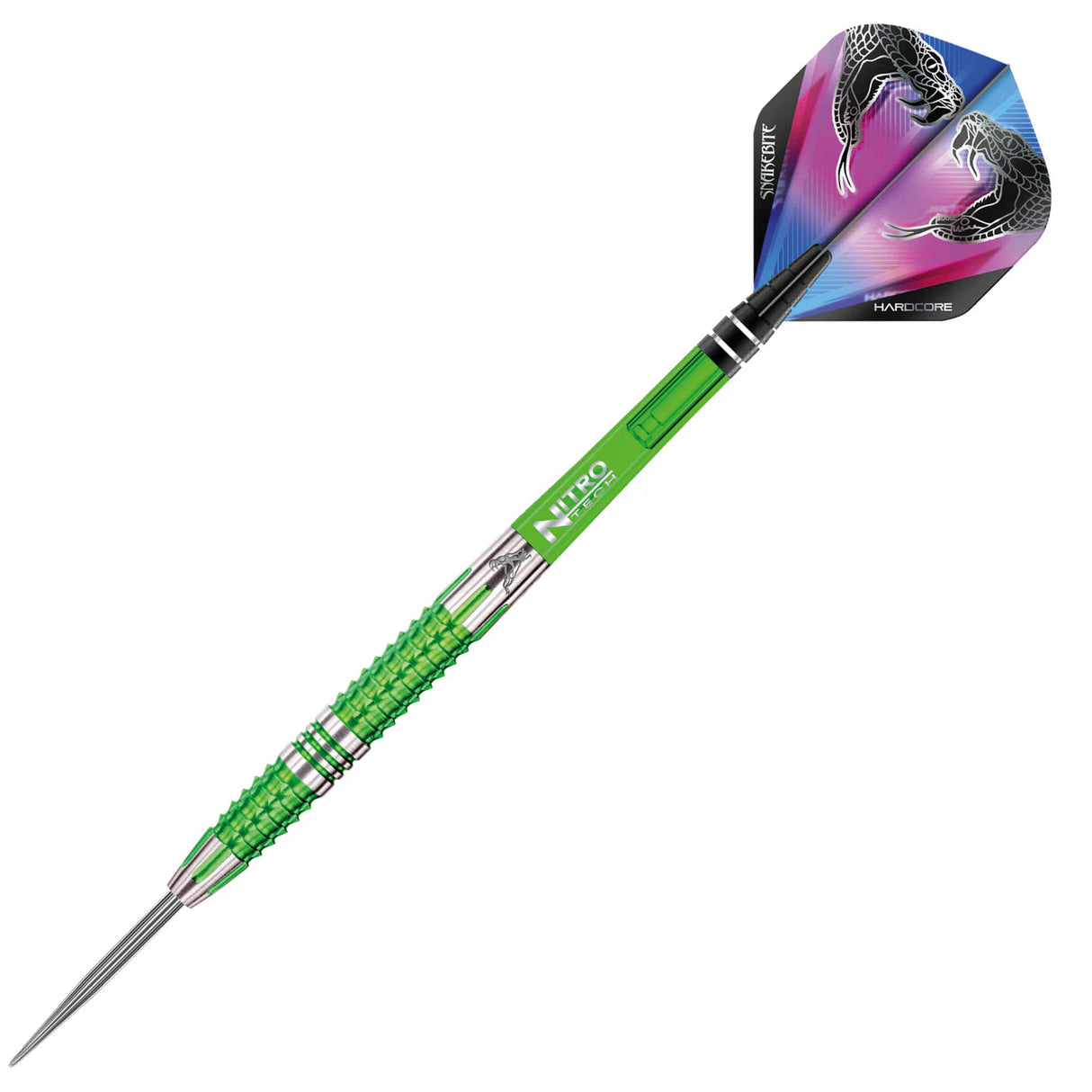 Full view tungsten dart with bright green barrel, aggressive grip, steel tip, and snake-graphic flight on white background