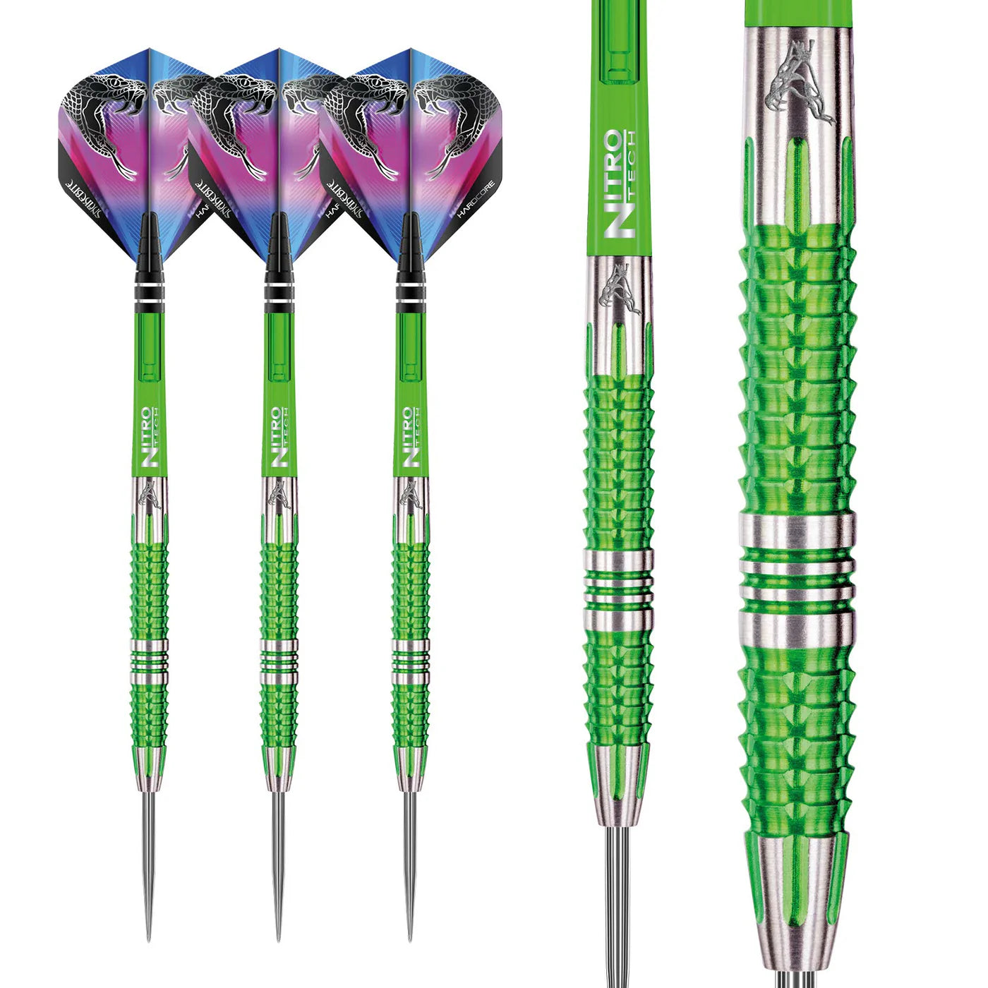 90 percent tungsten darts with green textured barrel, snake design flights, close-up grip detail, full product view on white