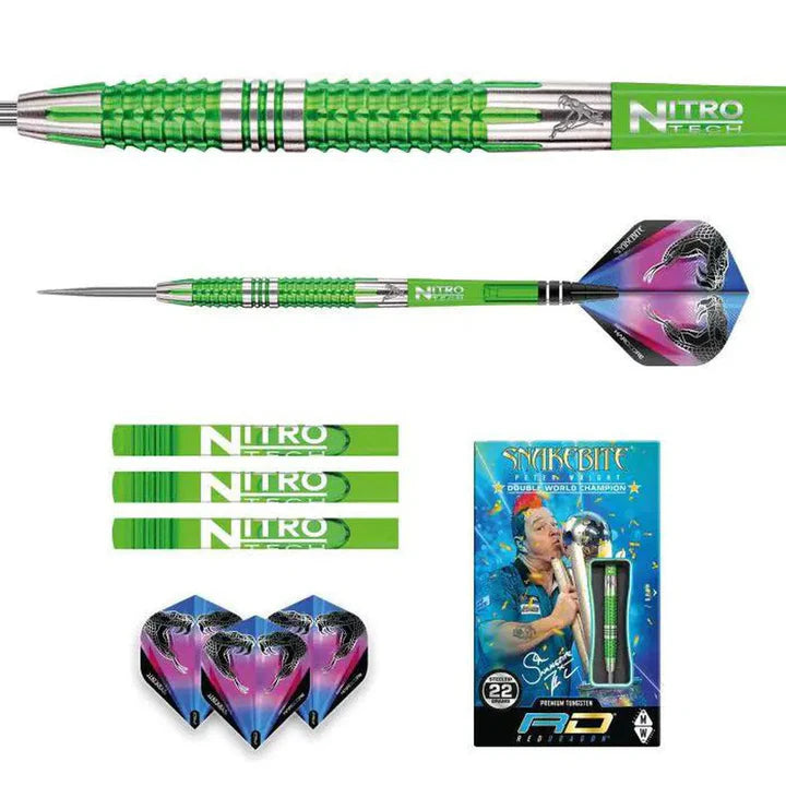 Peter Wright Mamba 2 90% tungsten darts set shown with close-up grip detail, full dart view, spare shafts, flights, and boxed packaging