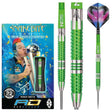 Steel tip tungsten darts set in retail box with close-up on green textured barrel grip and snake-themed flights, full view and in packaging