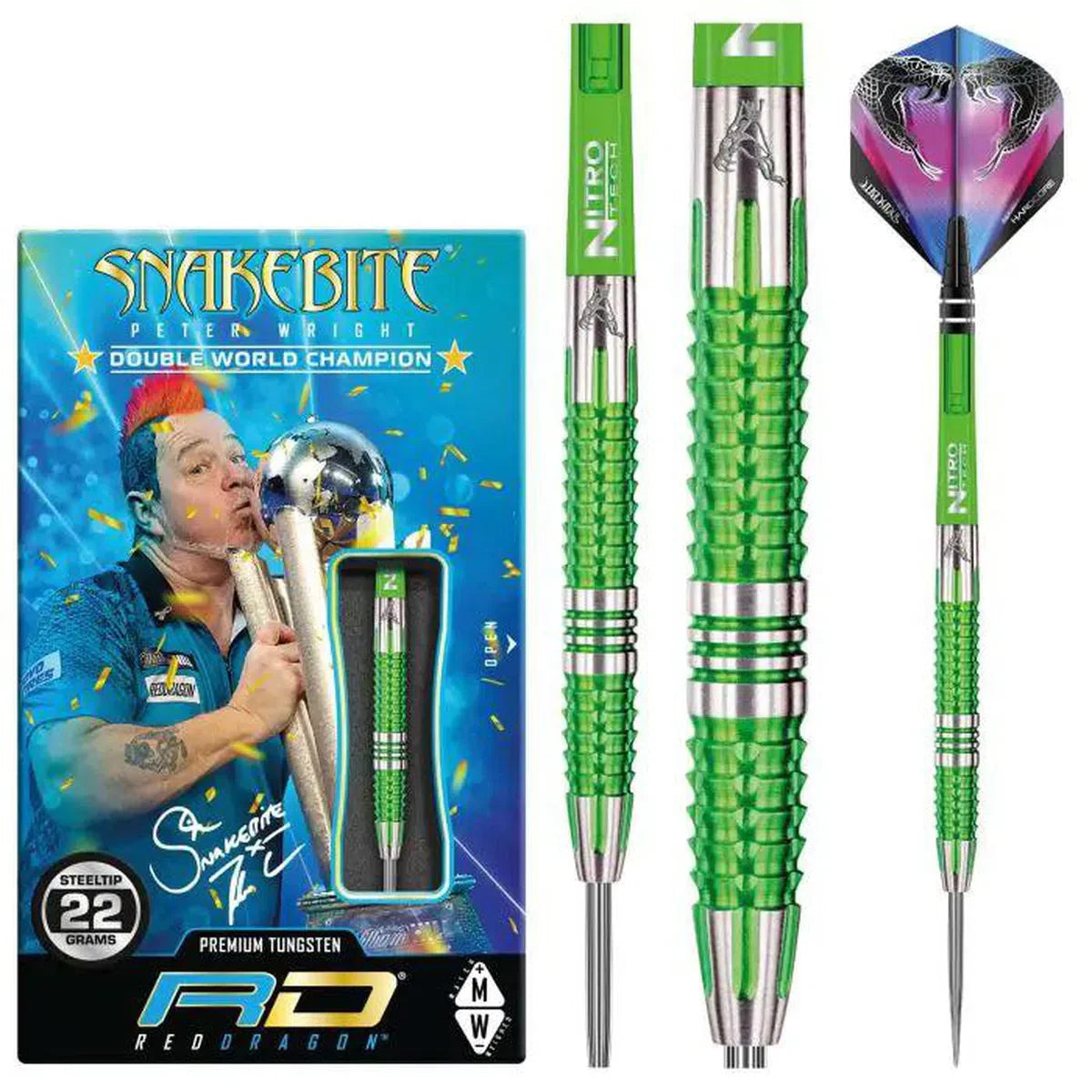 Steel tip tungsten darts set in retail box with close-up on green textured barrel grip and snake-themed flights, full view and in packaging