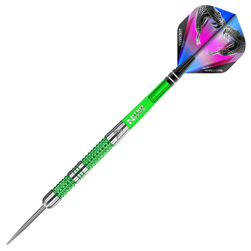 Single Peter Wright Mamba 90 tungsten dart full view on white, green knurled grip barrel, colorful snake flights