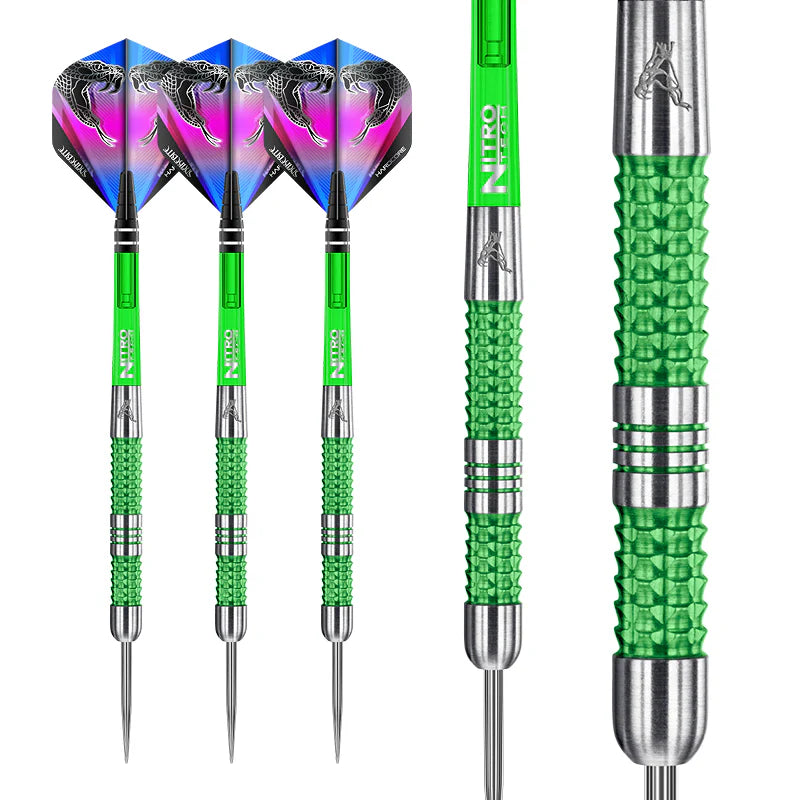 Tungsten darts set with vibrant green grip, detailed barrel rings, and purple-blue snake flights, close-up and full views on white background