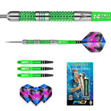 Full dart set with close-up of green tungsten barrel grip, spare shafts, flights, and retail packaging on white for Peter Wright Mamba darts