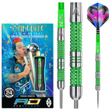 Steel tip tungsten dart set with packaging, close-up of green textured barrel and grip, full dart profile, and detailed snake-themed flights.