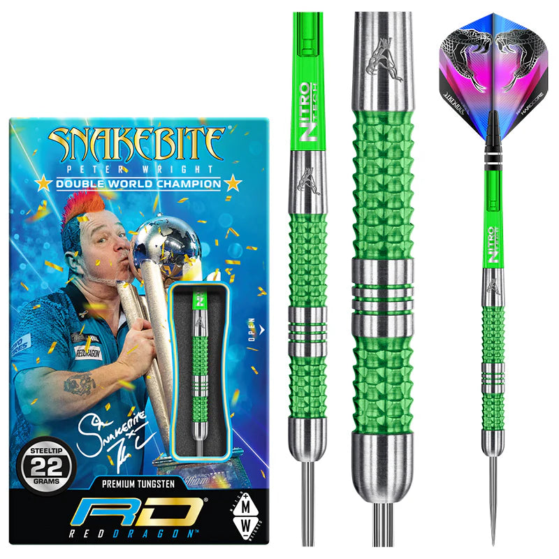 Full view of tungsten darts with vibrant green textured grip, close-up barrel detail, unique snake design flights, and retail packaging display