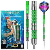 Full view of tungsten darts with vibrant green textured grip, close-up barrel detail, unique snake design flights, and retail packaging display