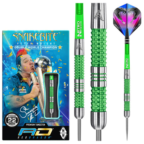 Full view of tungsten darts with vibrant green textured grip, close-up barrel detail, unique snake design flights, and retail packaging display