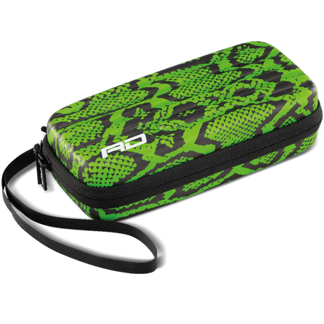 Angled view of Monza Green dart case with snake-skin pattern, black zipper, and wrist strap, isolated on white for dart storage