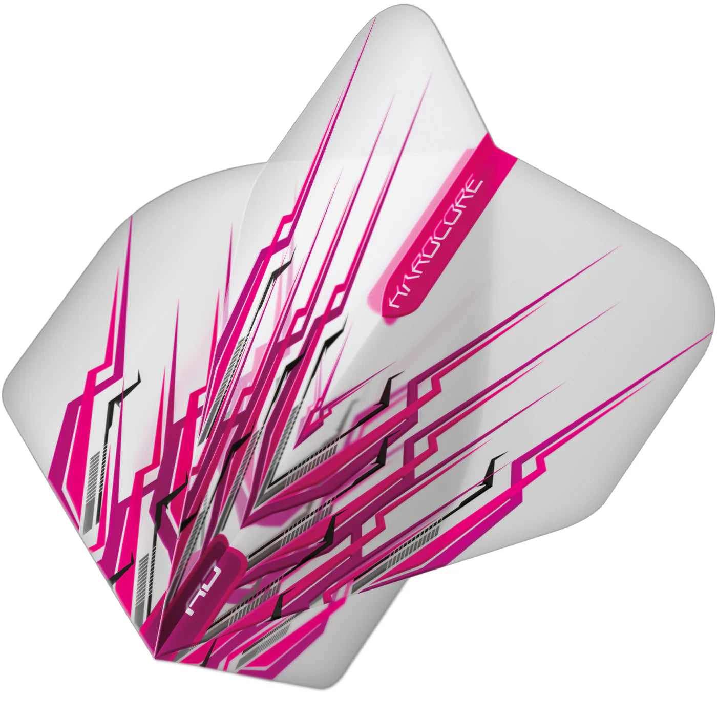 Close-up angled shot of three Peter Wright Pink Mohawk No.2 dart flights fanned together, showing vibrant pink geometric design and durable material.