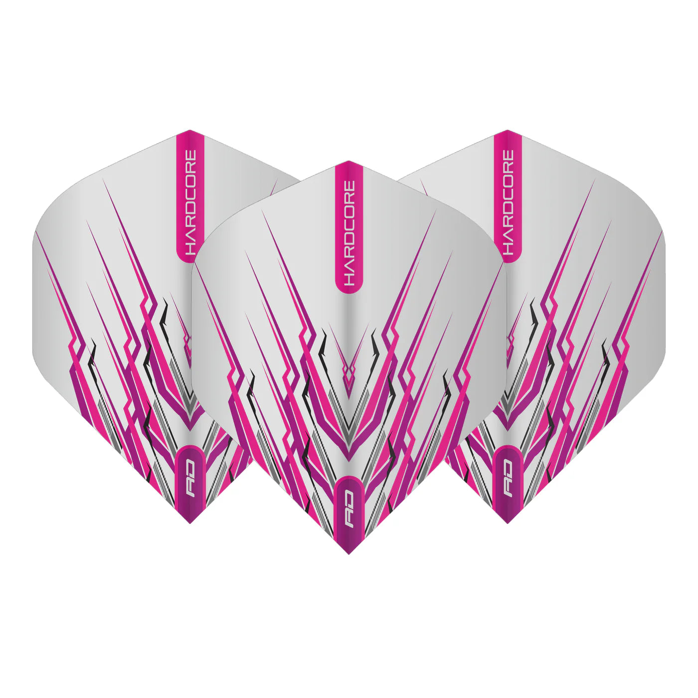Three Peter Wright Pink Mohawk No.2 dart flights displayed front-facing, bold pink graphics, arranged on white background