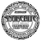 Top-down view of Snakebite Precision Grip Wax label with snake skin pattern and dart grip features highlighted