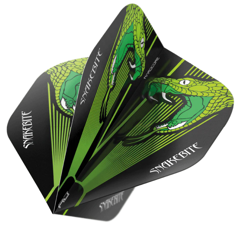 Angled close-up of three Snake Green No.2 dart flights, showcasing vibrant snake artwork and bold black-green color scheme for darts setup.