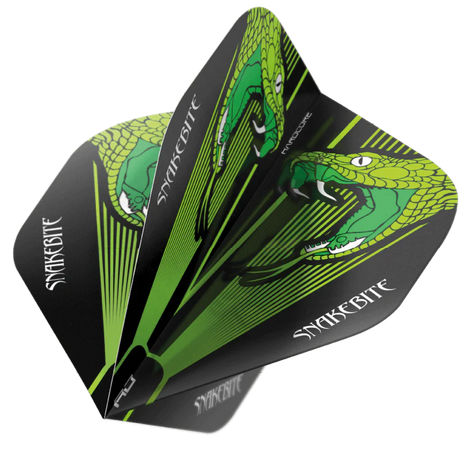 Angled close-up of three Snake Green No.2 dart flights, showcasing vibrant snake artwork and bold black-green color scheme for darts setup.