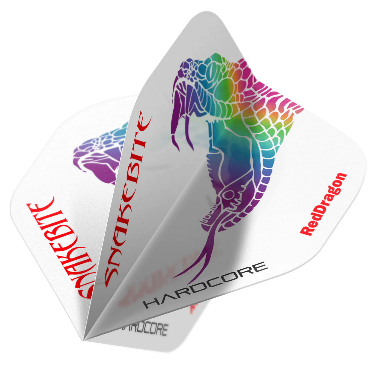 Angled close-up of three dart flights with rainbow snake design, Snakebite text, and reinforced Hardcore structure for dart players