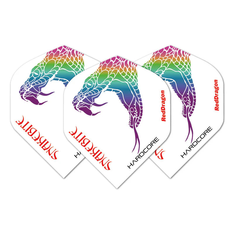 Three Peter Wright Snake No.2 dart flights with rainbow snake graphic, fanned out on white background for clear display