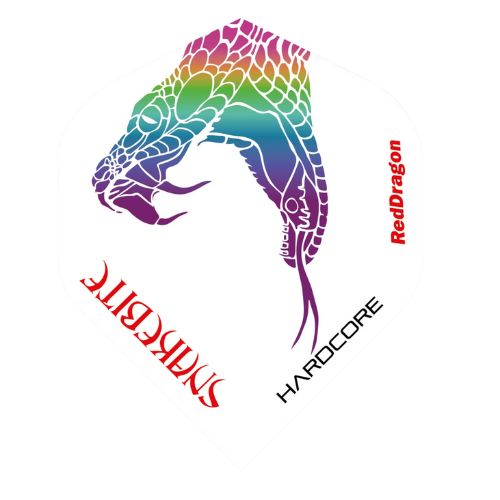 Single dart flight with rainbow snake head design, sharp edges, Snakebite and Hardcore text, isolated on white background