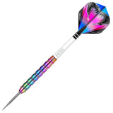 Single tungsten dart full view, rainbow ringed grip, Snakebite engraved barrel, vibrant flight, isolated on white background