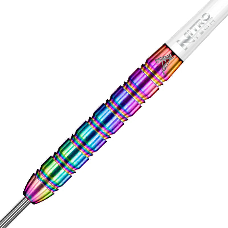 Close-up of rainbow ring-grip tungsten dart barrel with detailed texture and Snakebite dart branding on white background