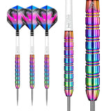 Peter Wright Snakebite 1 85% tungsten darts set with rainbow ringed grip, close-up barrel detail, and snake flights on white background