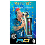 Retail packaging display of Snakebite 1 85% tungsten dart with rainbow grip, steel tip, 22g weight, and one dart visible in foam insert