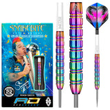 Peter Wright Snakebite 1 tungsten darts in retail box and isolated, showing rainbow grip, signature flights, and 22g steel tip