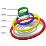 Angled display of green, white, blue, yellow, red darts practice rings in 15mm to 65mm sizes, labeled for dart accuracy training
