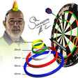 Darts practice rings set in five sizes with labeled measurements, arranged near a dartboard and player, ideal for accuracy training.
