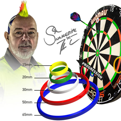 Darts practice rings set in five sizes with labeled measurements, arranged near a dartboard and player, ideal for accuracy training.