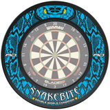 Top-down view of Snakebite dartboard surround with blue snake pattern and yellow eyes around mounted dartboard, ideal for darts setup