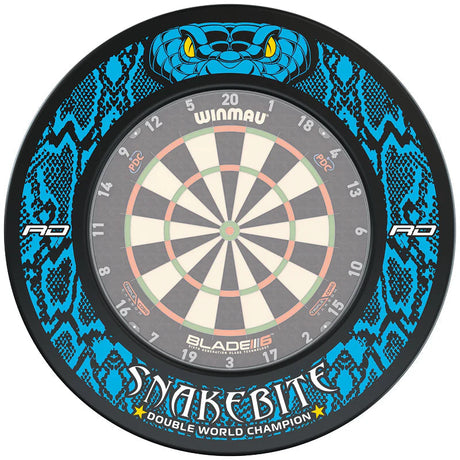 Top-down view of Snakebite dartboard surround with blue snake pattern and yellow eyes around mounted dartboard, ideal for darts setup