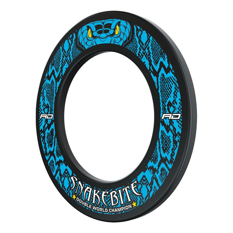 Angled view dartboard surround with blue snake skin design, yellow snake eyes, 'Snakebite Double World Champion' text, isolated on white.