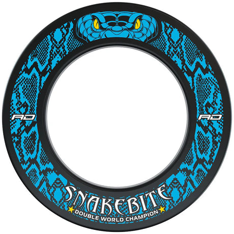 Top-down view of Snakebite dartboard surround with electric blue snake design and yellow snake eyes, isolated on white background.