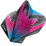 Angled close-up of three assembled dart flights with Snakebite snakehead design, pink-blue gradient, and 'Hardcore' text, isolated on white