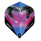 Full view dart flight with dual snakehead design, vibrant blue and pink gradient, and 'Hardcore' text, isolated on white background