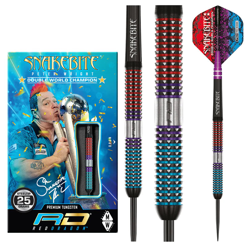 Full view of 90% tungsten darts with colorful grip texture, close-up barrel detail, packaging, and Snakebite flight design.
