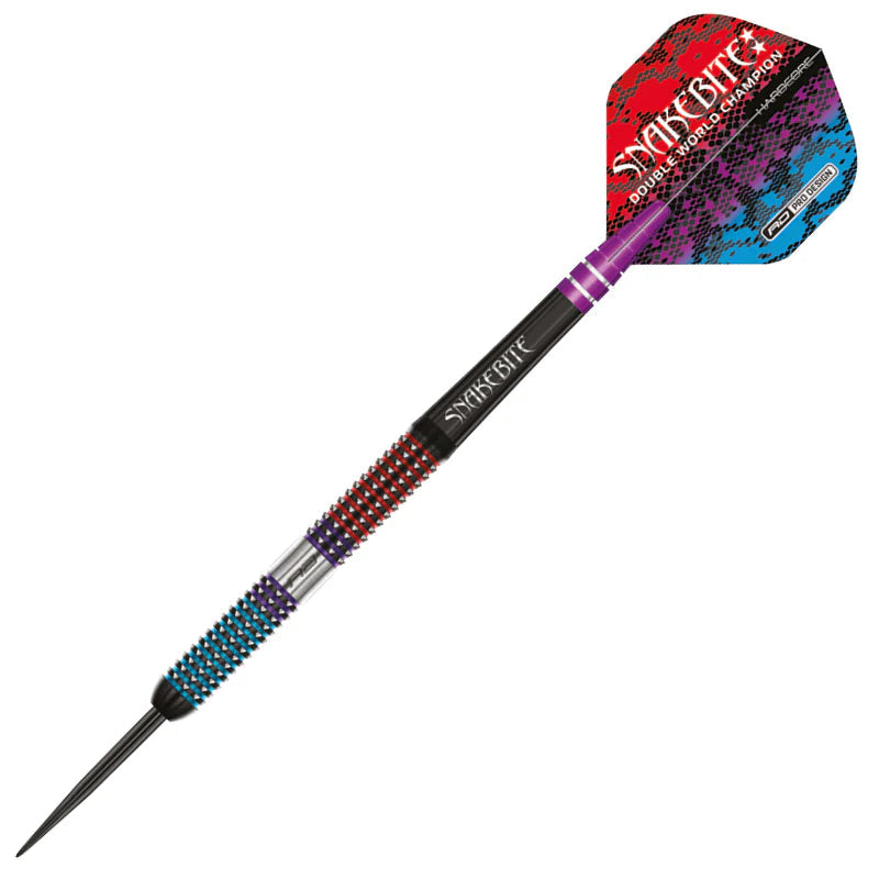 Full view tungsten dart isolated on white, showing textured grip, barrel engraving, and vibrant Snakebite patterned flight.