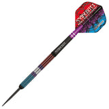 Full view tungsten dart isolated on white, showing textured grip, barrel engraving, and vibrant Snakebite patterned flight.