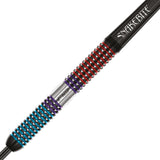 Close-up angled view of dart barrel showing red, blue, and purple ringed grip texture with Snakebite logo, 90 percent tungsten dart