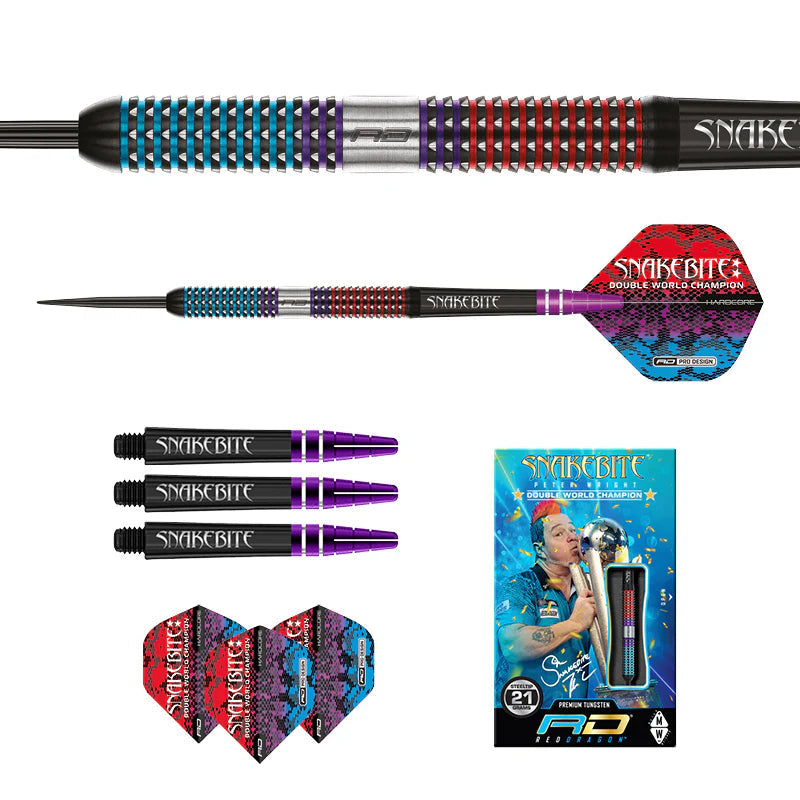 Composite display of tungsten darts with close-up barrel grip, full dart view, spare flights, shafts, and retail box on white background