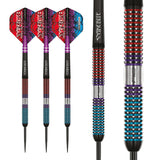Three tungsten darts with vibrant red, purple, and blue grip rings and a close-up of the precision knurled barrel texture