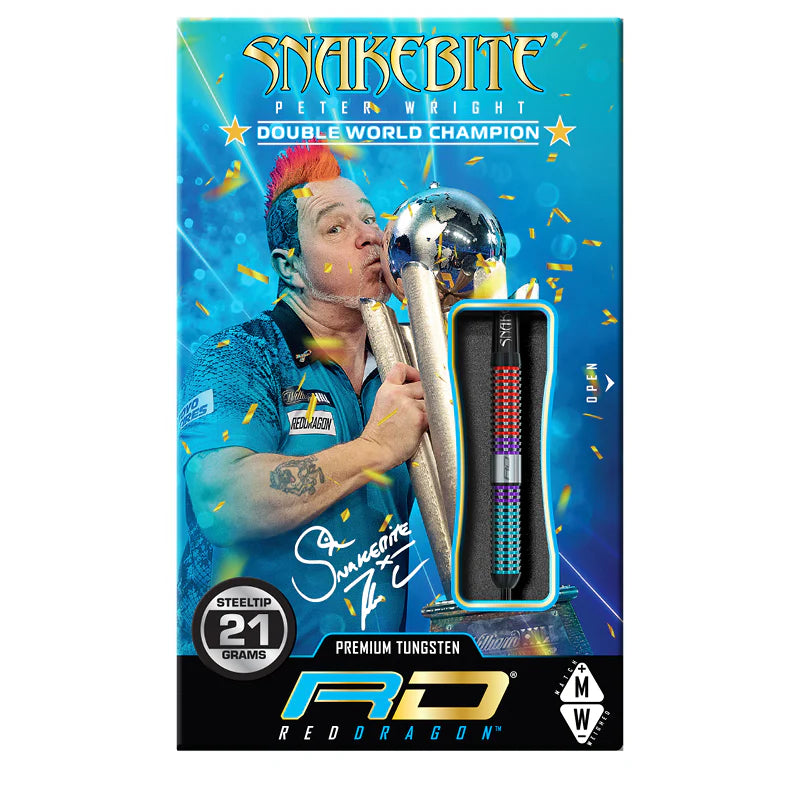 Dart retail packaging featuring 90% tungsten steel tip dart with multi-colored ring grip, 21g weight, and premium tungsten callout