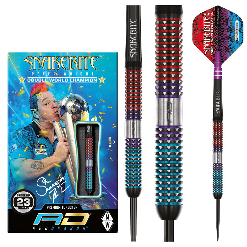 Peter Wright Spirit 90% tungsten darts set with packaging, detailed close-up of colored grip texture, flight design, and full dart display
