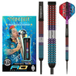 Peter Wright Spirit 90 percent tungsten darts with aggressive grip, multi-color rings, vibrant flights, and packaging display