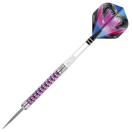Full view tungsten dart with purple textured grip, silver barrel, and snake design flight on white background