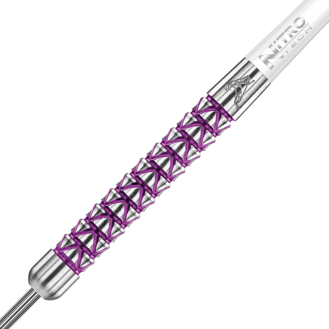 Close-up of tungsten dart barrel with purple knurled grip texture and detailed precision grooves, isolated on white background